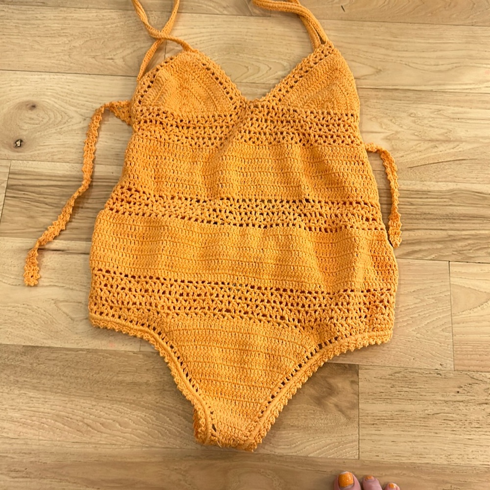 SHE MADE ME Orange Crochet One Piece Swimsuit